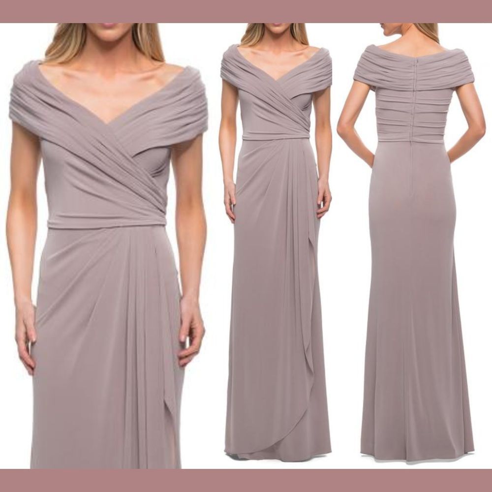NWD $389 La Femme [‎ size 10 ] Ruched Jersey Column Gown in Silver
